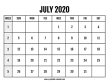 Calendar 2020 July