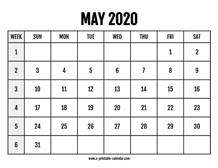 Calendar 2020 May
