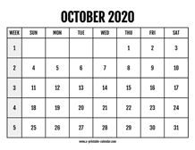 Calendar 2020 October