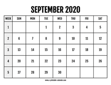 Calendar 2020 September