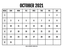 Calendar 2021 October