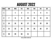Calendar 2022 August