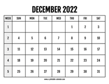 Calendar 2022 December