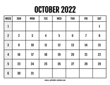 Calendar 2022 October
