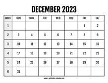 Calendar 2023 December