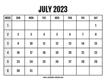 Calendar 2023 July