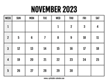 Calendar 2023 November