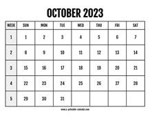 Calendar 2023 October