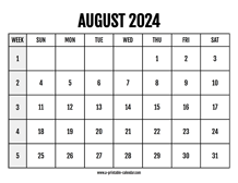Calendar 2024 August