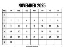 Calendar 2025 November