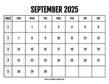 Calendar 2025 September