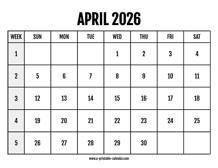 Calendar 2026 April