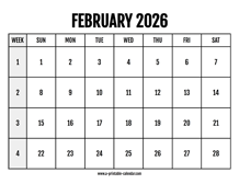 Calendar 2026 February