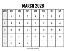 Calendar 2026 March