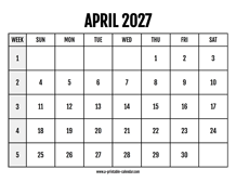 Calendar 2027 April