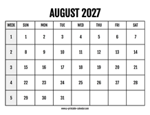 Calendar 2027 August