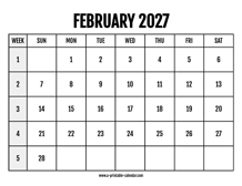Calendar 2027 February