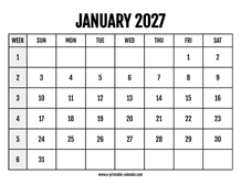 Calendar 2027 January