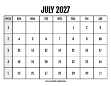 Calendar 2027 July