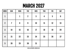 Calendar 2027 March
