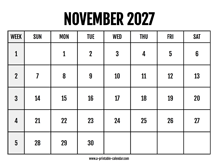 Calendar 2027 November