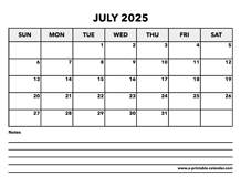 Calendar July 2025
