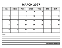 Calendar March 2027