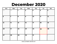 December 2020 Calendar With Holidays