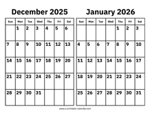 December 2025 and January 2026 Calendar