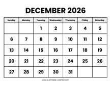 December 2026 Calendar Printable