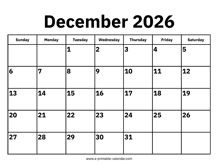 December 2026 Calendar