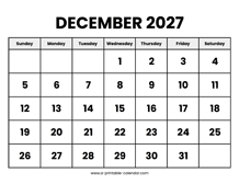 December 2027 Calendar Printable
