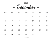 December Calendar 2026 Printable