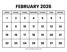 February 2026 Calendar Printable