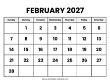 February 2027 Calendar Printable