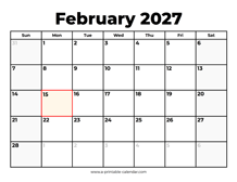 February 2027 Calendar With Holidays