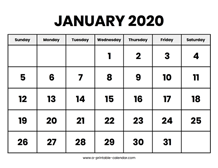 January 2020 Calendar Printable