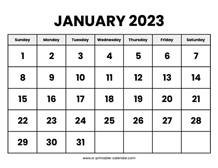 January 2023 Calendar Printable