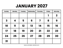January 2027 Calendar Printable