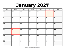 January 2027 Calendar With Holidays
