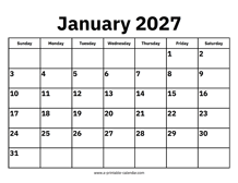 January 2027 Calendar