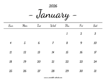 January Calendar 2026 Printable