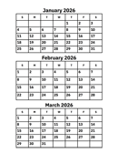 January, February and March 2026 Calendar