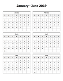January to June 2019 Calendar