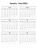 January to June 2024 Calendar