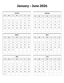 January to June 2026 Calendar