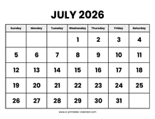 July 2026 Calendar Printable