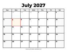 July 2027 Calendar With Holidays