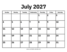 July 2027 Calendar