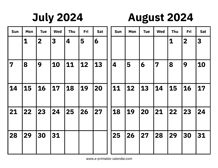 July and August 2024 Calendar